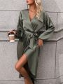 Green Wrap V-neck Lantern Sleeve Maxi Dress