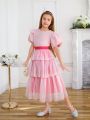 SHEIN Kids CHARMNG Tween Girls' Mesh Edging Round Neck Puff Sleeve Jacquard Blouse Matched With Mesh Tiered Hem Skirt Two Pieces Set