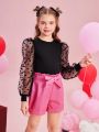 SHEIN Kids CHARMNG Big Girls' Knitted Mesh Net Patchwork Round Neck Long Sleeve Top With Lace Belt And Leather Shorts