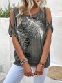 Hollow Out Shoulder Feather Pattern Printed T-Shirt