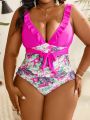 SHEIN Swim Vcay Plus Size Floral Print Splicing With Ruffled Trim One Piece Swimsuit