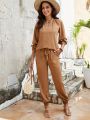 EMERY ROSE Women's Notch V Neck Top And Elastic Waist Drawstring Pants Casual Set