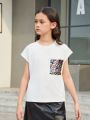 SHEIN Kids Cooltwn Tween Girls' Casual Round Neck Short Sleeve Shiny Pocket Top For Daily Wear