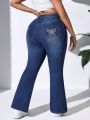 SHEIN Essnce Plus Size Women's Casual Mid-Rise Slim Fit Denim Bell-Bottoms With Embroidery Back Pockets