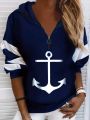 Women'S Color Block Striped Anchor Print Hoodie