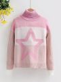 Tween Girls Color Block Star Pattern Turtleneck Drop Shoulder Sweater