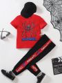 SHEIN Young Boy Spider Print Short Sleeve T-Shirt And Long Pants Set With Hat