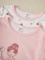 2pcs/set Toddler Girls' Cartoon Printed Long Sleeve Top And Long Pants Pajama Set