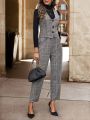 SHEIN Clasi 1pc Plaid Buttoned Vest Jacket And 1pc Suit Pants Set