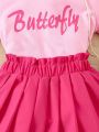 SHEIN Kids EVRYDAY Young Girls' Casual Letter Printed Top And Pleated Skirt 2pcs/Set For Summer