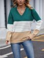 SHEIN LUNE Striped Pattern Colorblock Drop Shoulder Sweater
