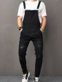 Men Ripped Pocket Front Denim Overalls Without Tee