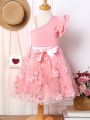 SHEIN Kids CHARMNG Young Girls' New Oblique-Shoulder Sleeveless Top And Embroidered Mesh Bubble Skirt Set