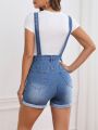 SHEIN Privé Ripped Roll Up Hem Denim Overall Romper Without Tee