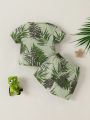 SHEIN Newborn 2pcs/Set Baby Boys' Beach And Palm Leaf Printed Short Sleeve Vacation Outfits