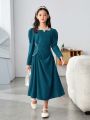 SHEIN Tween Girls' Vintage Fitted Pearl Decor Long Sleeve Elegant Midi Dress