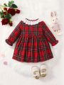 Baby Girl Tartan Print Ruffle Trim Flounce Sleeve Bow Front Dress