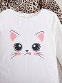 SHEIN Kids KDOMO Girls' Casual Fit Cat & Leopard Pattern Crewneck T-Shirt, Multi-Pack
