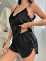 Women's Black Lace Splice Cami Sleepwear Set