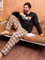 Men'S Cartoon & Plaid Pattern Homewear Set With Long Sleeve Shirt And Pants