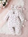 Baby Girls' Sweet Style Floral Print Long Sleeve Jumpsuit With Ruffle Hem And Headband