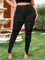 SHEIN SXY Plus Size High Waisted Long Foot Opening Split Stretchy Pleated Leggings Valentines Outfits Sexy Outfits Club