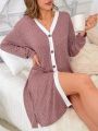 Contrast Trim Button Front Home Robe With Rolled Cuffs