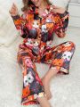 Colorful Cat Print Turn-Down Collar Imitation Silk Pajama Set