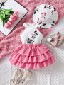 Baby Girl Floral Print Halterneck Top & Tiered Ruffle Hem Skirt Set