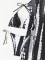SHEIN Swim SXY Women's Black And White Halter Tie Fashionable Swimsuit 3pcs/set