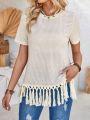 EMERY ROSE Women's Solid Color Waffle Fringed Tassel Crew Neck T-Shirt