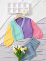 SHEIN Tween Girl Colorblock Drop Shoulder Button Front Cardigan