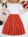 SHEIN Kids EVRYDAY Tween Girls' Printed Puff Sleeve Top With 3d Bow & Love Heart Print Skirt, 2pcs/Set