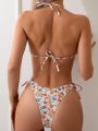 SHEIN Swim Mod Women'S Floral Print Halter Neck Tie Bikini Set With Separated Bottom