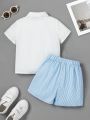 SHEIN Kids FANZEY Toddler Boys' Fine Striped Shorts With Bow Tie Gentleman Suit