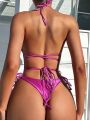 Solid Color Triangle Cup Halter Neck Split Swimsuit
