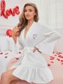 Women's Heart Pattern Bell Sleeve Peplum Hem Robe With Waist Belt