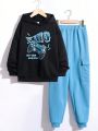 SHEIN Kids EVRYDAY Tween Boys' Loose Fit Casual Hooded Print Sweatshirt And Sweatpants Set