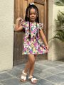 SHEIN Kids Cooltwn Little Girls' Casual Woven Solid Color Short Sleeves Dress With A-Line Silhouette For Holiday