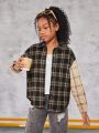 SHEIN Tween Girls' Woven Plaid Patchwork Casual Long Sleeve Shirt