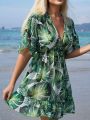 SHEIN Swim Vcay Women's Tropical Print Tie Waist Cover Up