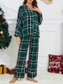 Plaid Print Drop Shoulder Blouse & Pants PJ Set