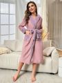 Dual Pocket Contrast Fuzzy Trim Belted Flannel Robe