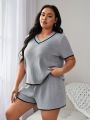 Plus Size Knit Textured Pajama Set With Contrast Trim