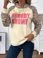 SHEIN LUNE Leopard & Text Pattern Drawstring Hoodie