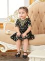 Baby Girls' Elegant Gold Polka Dot Print Dress