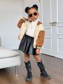 SHEIN Kids Cooltwn Young Girl Bear Decor Two Tone Drop Shoulder Hooded Striped Trim Varsity Jacket