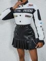 SHEIN ICON Letter Print Baseball Collar Short Padded Jacket