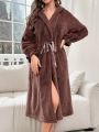 Drop Shoulder Drawstring Waist Hooded Flannel Lounge Robe