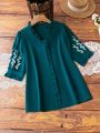 Plus Size Botanical Embroidery Shirt With Scalloped Hem